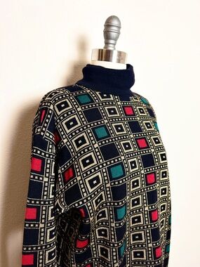 Vtg Classiques Entier Indie Wool Unisex Black Turtleneck Sweater Gold Check M